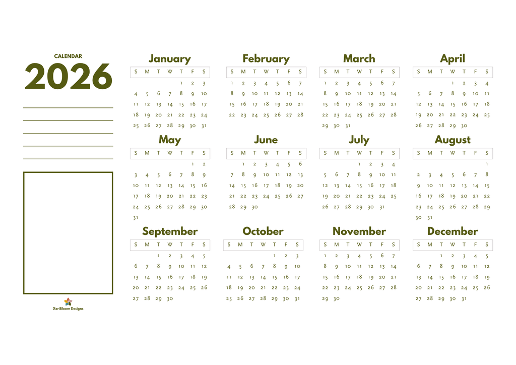 Printable Year-at-a-Glance Calendar - 2026