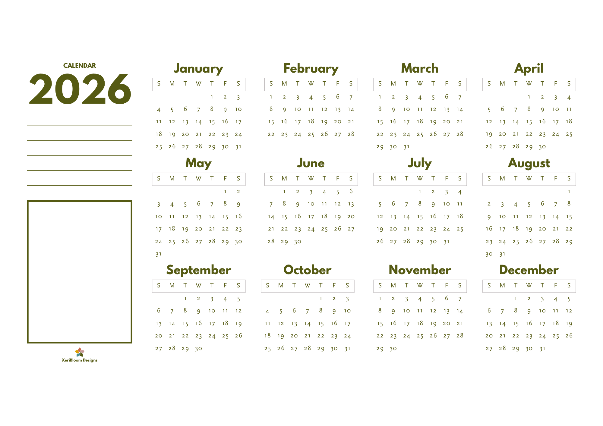 Printable Year-at-a-Glance Calendar - 2026