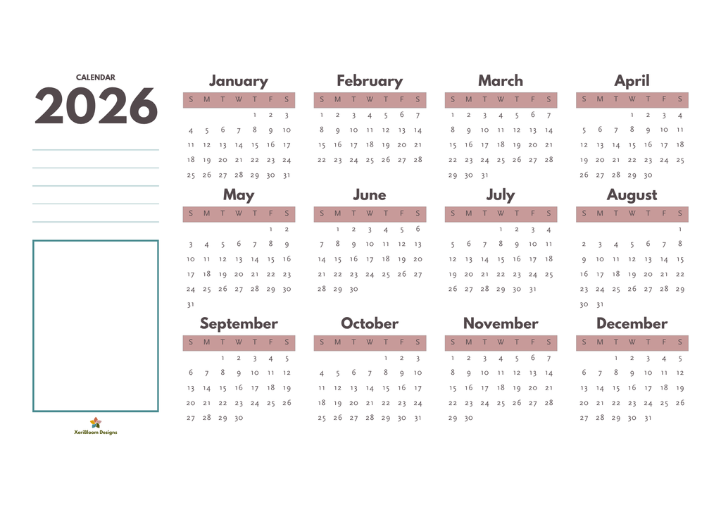Printable Year-at-a-Glance Calendar - 2026