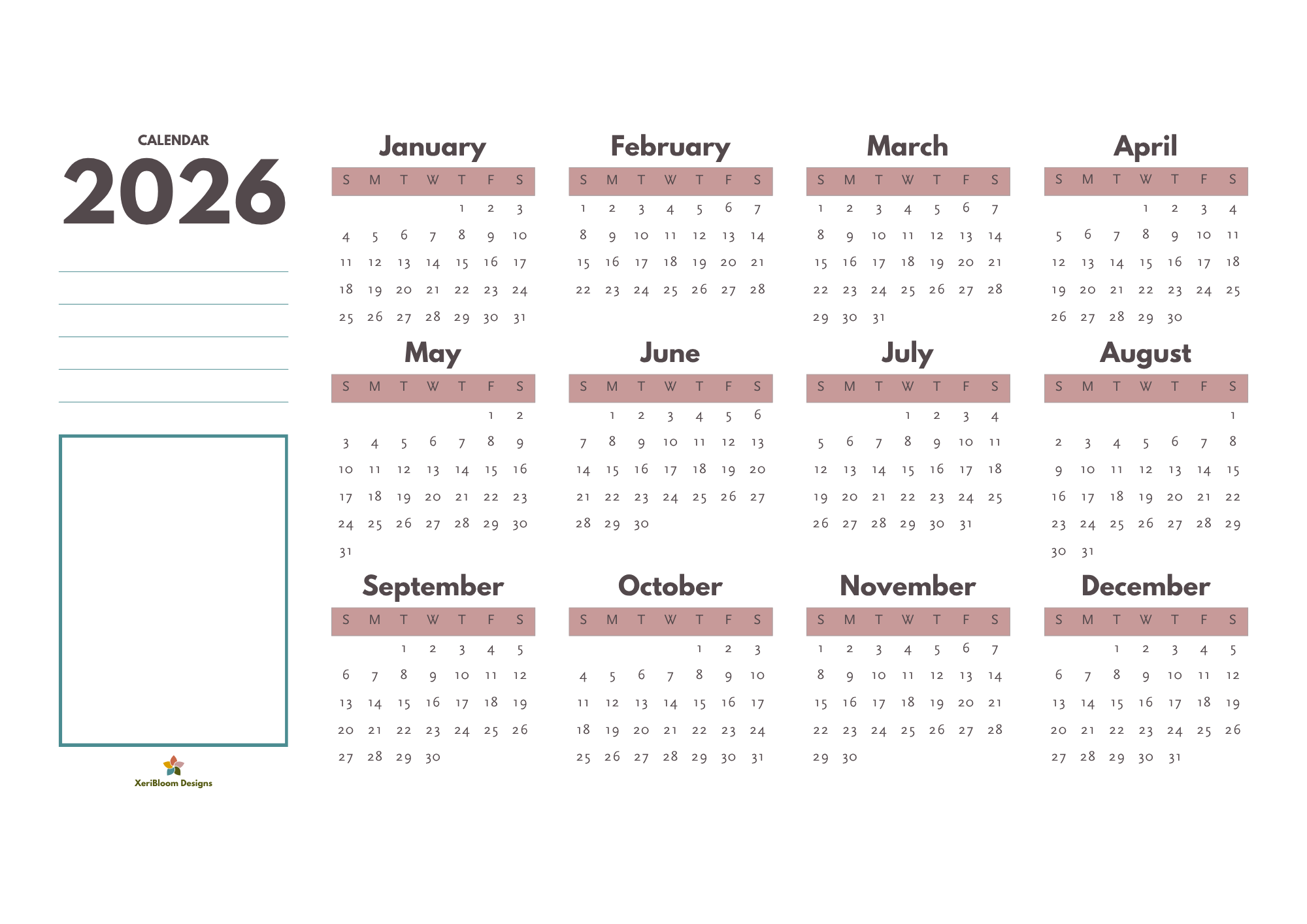 Printable Year-at-a-Glance Calendar - 2026